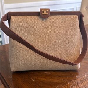 Chanel Linen Frame Buckle Shoulder Bag Brown 5 Series #2902